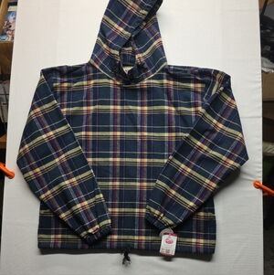 Plaid Hooded Pullover Sweatshirt - Navy Yellow